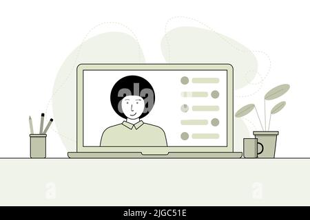 Student conducts a dialogue in an online class. Online training by video call Stock Vector
