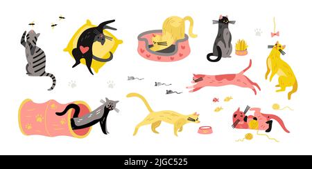 Set of isolated cats character objects with images of colorful pets with bees fishes and mouses vector illustration Stock Vector