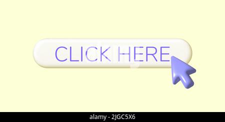 Click here icon. 3d Search bar template for website. Cursor, arrow for registration on yellow. Pointer to click, press, or send request. Navigation se Stock Vector