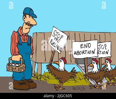 Cartoon of a farmer collecting eggs being confronted by chickens protesting abortion Stock Photo