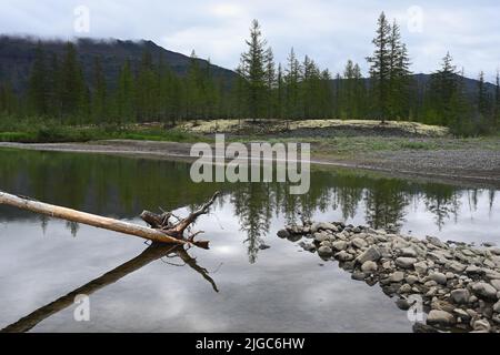 A river on the Putorana plateau. Summer water landscape in the north of Eastern Siberia. Stock Photo