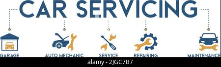 Banner Car service and repair. Vector illustration concept with garage, auto machine, service, repairing, and maintenance industry concept. Stock Vector