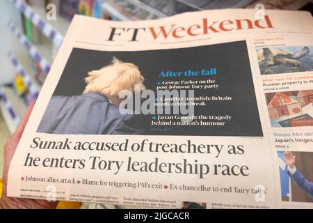Financial Times FT Weekend newspaper headline ex Chancellor Rishi 'Sunak accused of treachery as he enters Tory leadership race' 9 July 2022 London UK Stock Photo