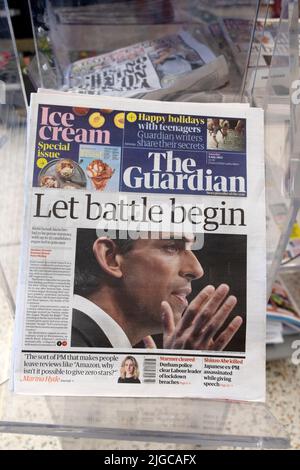 Rishi Sunak 'Let battle begin' The Guardian newspaper headline front page leadership race on 9 July 2022 in London UK Stock Photo
