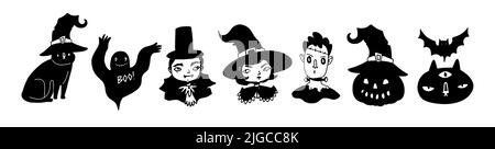 Halloween cute characters set little witch, vampire, zombie, ghost with lantern pumpkin and cat. Cartoon halloween cute funny characters in doodle bla Stock Vector