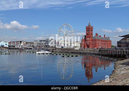 Cardiff Bay view showing Pierhead Building and Ferris wheel.  Summer 2022. July. Stock Photo