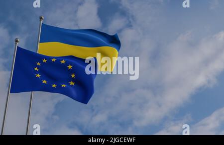 Ukraine and Europe flags, Blue sky and flag Ukraine and Europe, 3D work and 3D image Stock Photo