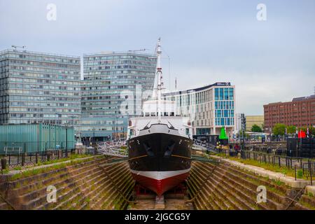 Liverpool pilot cutter MV Edmund Gardner docked at Graving Dock at Maritime Mercantile City, Liverpool, England, UK. Liverpool Maritime Mercantile Cit Stock Photo