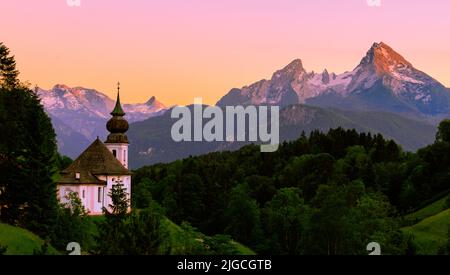 A scenic view of the Pilgrimage Church of Maria Gern in Berchtesgaden, Germany at sunset Stock Photo