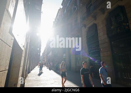 Typical small streets in the city centre of Barcelona Stock Photo