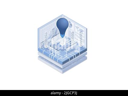 Technology innovation concept. Vector illustration of an isometric cube. Symbol of a light bulb. Ideation of new digitization ideas. Stock Vector