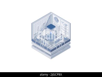 Quantum computing concept. Vector illustration of isometric cube. Super computer with quantum technology connected to the internet. Stock Vector