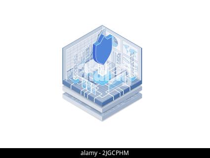 IT Security concept. Vector illustration of an isometric cube. A symbol of a shield protecting data stream within an organisation. Analysis of data vi Stock Vector