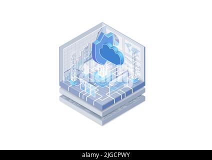 Cloud computing security concept. Vector illustration of an isometric cube. Symbol of a cloud and shield to represent protection of internet data flow Stock Vector