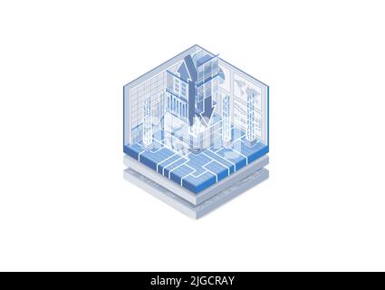 Internet and technology concept. Vector illustration of an isometric cube. Upload and download stream of data and analysis via data dashboards. Stock Vector