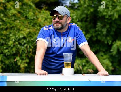 Bamber Bridge, UK. 09th July, 2022. Oldham fans during the pre season friendly between Bamber Bridge and Oldham Athletic on Saturday 9th July 2022. COPYRIGHT Eddie Garvey | MI News) Credit: MI News & Sport /Alamy Live News Stock Photo