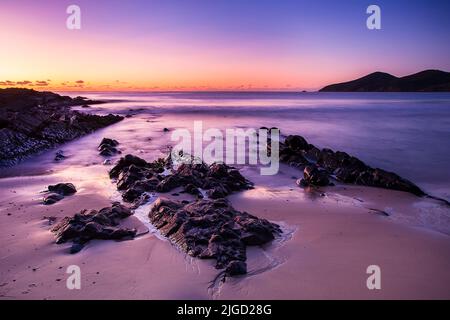 East sunrise seascape on One Mile beach pacific coast of Forster in Australia. Stock Photo