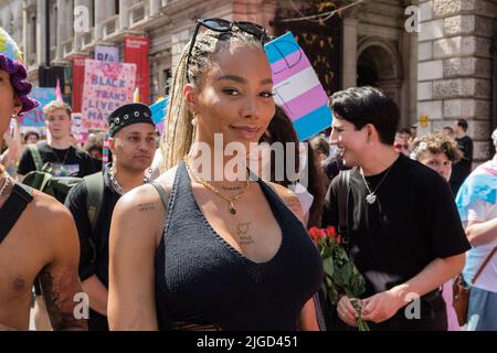 London, UK. 9th July, 2022. Transgender activist Munroe Bergdorf takes part in the fourth Trans Pride protest march for equality. Protesters demonstrate against the exclusion of trangender people from conversion therapy ban, call for abolition of the equalities watchdog Equalities and Human Rights Commission (EHRC) after a series of damaging interventions on trans rights, and show solidarity with Texan parents of trans children after the governor Greg Abbott compared gender-affirming healthcare to child abuse. Credit: Wiktor Szymanowicz/Alamy Live News Stock Photo