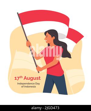 Woman Holding the Indonesian Flag for Celebrate the Indonesia Independence Day Stock Vector