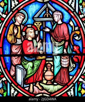 Scene from Life of Jesus, by Adolph Didron, Paris, 1860, stained glass window, Feltwell, Norfolk, England, Jesus talks to Samaritan woman, at Jacob's Stock Photo