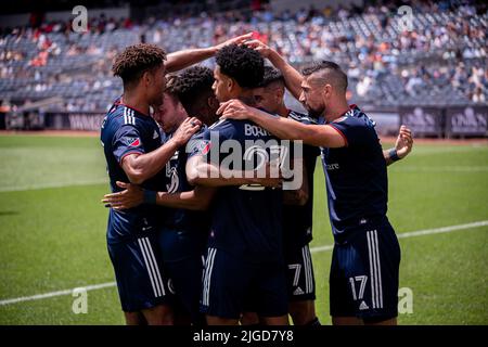 NEW YORK, NY - JULY 9: New England Revolutions celebrate their goal in the first half of their match agains New York City FC at Yankee Stadium on July 9, 2022 in New York, NY, United States. (Photo by Matt Davies/PxImages) Credit: Px Images/Alamy Live News Stock Photo
