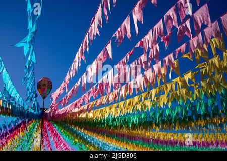 colorful flags and decorative balloon of the festa junina in brazil Stock Photo