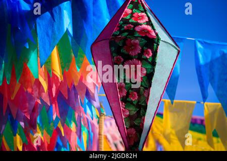 festa junina decoration  - decorative balloons and colorful flags of são joão party in brazil Stock Photo