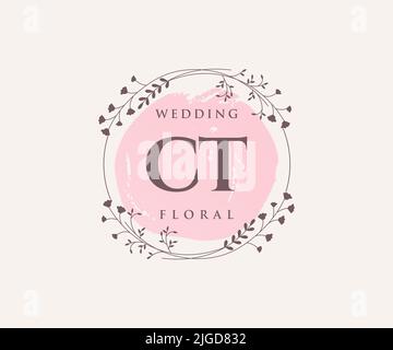 CT Initials letter Wedding monogram logos template, hand drawn modern minimalistic and floral templates for Invitation cards, Save the Date, elegant Stock Vector