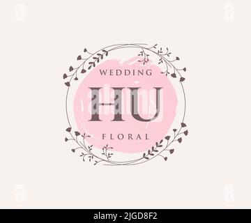 HU Initials letter Wedding monogram logos template, hand drawn modern minimalistic and floral templates for Invitation cards, Save the Date, elegant Stock Vector