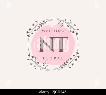 NT Initials letter Wedding monogram logos template, hand drawn modern minimalistic and floral templates for Invitation cards, Save the Date, elegant Stock Vector