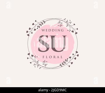 SU Initials letter Wedding monogram logos template, hand drawn modern minimalistic and floral templates for Invitation cards, Save the Date, elegant Stock Vector