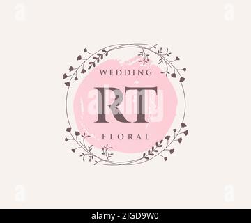 RT Initials letter Wedding monogram logos template, hand drawn modern minimalistic and floral templates for Invitation cards, Save the Date, elegant Stock Vector