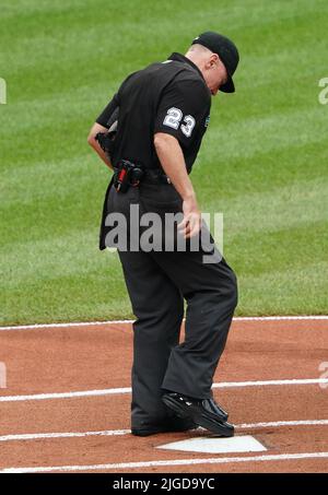 Baltimore, USA. 09th July, 2022. BALTIMORE, MD - JULY 09: Umpire Lance Barksdale (23) checks out home plate during a MLB game between the Baltimore Orioles and the Los Angeles Angels, on July 09, 2022, at Orioles Park at Camden Yards, in Baltimore, Maryland. (Photo by Tony Quinn/SipaUSA) Credit: Sipa USA/Alamy Live News Stock Photo
