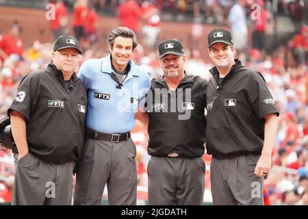 St. Louis, United States. 04th Aug, 2021. Major League Umpires (L to R)  Todd Tichenor, Dan Merzel, John Tumpane and Marvin Hudson pose for a  photograph before the start of the Atlanta