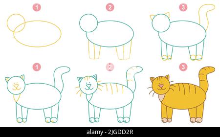 Instructions for drawing cat. Step by step. Stock Vector