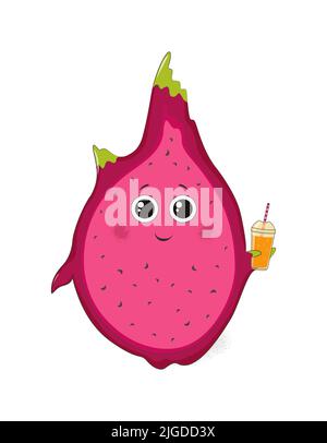 Cute cartoon dragon fruit with tropical cocktail. Stock Vector