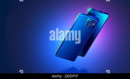 Phone hangs above mirror surface. Smartphone rotated or turned by camera. Smartphone camera close-up view. objective lens effect on glass of mobile Stock Vector