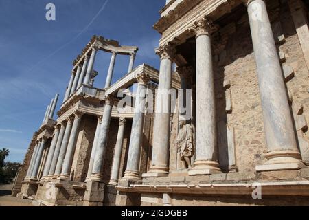 The Roman Theatre (Teatro Romano) at Merida in Extremadura, Spain. Merida is home to some of Spain's finest Roman ruins. Stock Photo