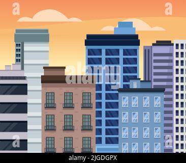 seven city buildings scene Stock Vector