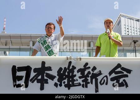 Tokyo, Japan. 09th July, 2022. Former Tokyo Governor, Naoki Inose campaigning as a candidate for the Japan Innovation Party in the 2022 House of Councilors election taking place on July 11th. Inose was Tokyo's Governor from Dec 2012 to Dec 2013 (the shortest term in history) and resigned amid financial scandals. Credit: SOPA Images Limited/Alamy Live News Stock Photo