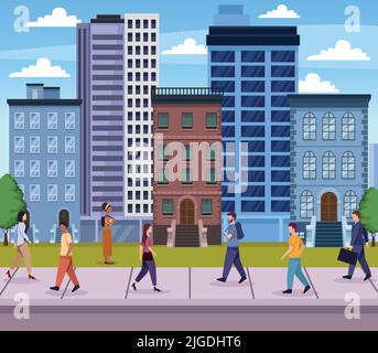 seven persons walking on the city Stock Vector