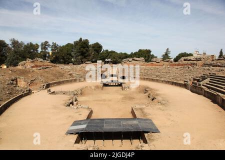 The 'Antifeatro' in Merida Spain was opened in 8 BC for gladiatorial battles and was built to house up to 14,000 spectators. Stock Photo