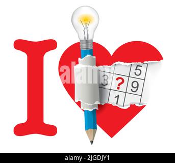 I love sudoku, heart symbol. Torn paper heart with sudoku and smart Pencil with bulb. Isolated on white background. Vector available. Stock Vector