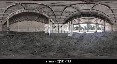 360 degree panoramic view of full seamless hdri 360 panorama in old large empty abandoned garage in equirectangular projection, ready AR VR virtual reality content,