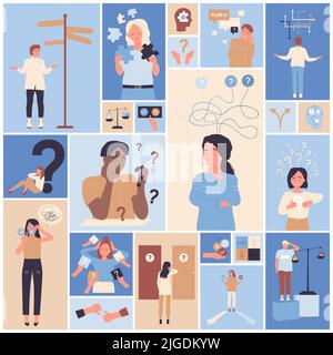 Future choice and decision critical mindset, psychology set vector illustration. Cartoon people in doubt decide life problem, think and choose right door and direction in geometric collage background Stock Vector