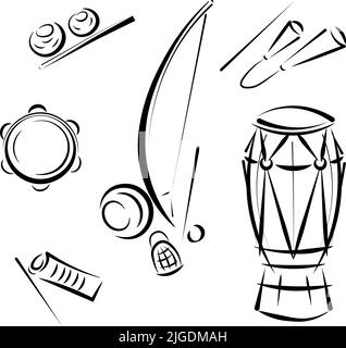 Brasil capoeira instruments in black line art. Logo and template for berimbau, atabaque, pandeiro, agogo, reco reco. vector illustration Stock Vector