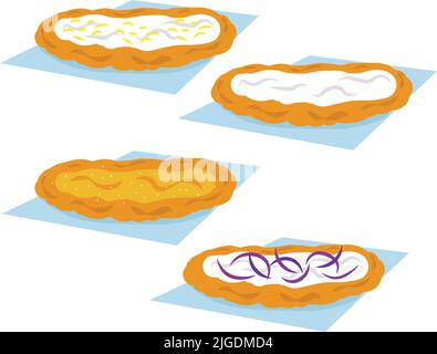 Langos hungarian retro street food with sour cream, cheese, onion, garlic. fried flatbread vector icon set Stock Vector