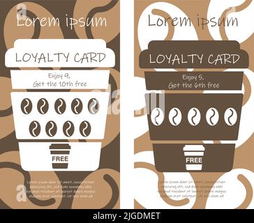Coffee loyalty card template to print with coffe cup, beens silhouette. Vector illustration business card template. Buy 9 get the 10th free. Enjoy 5 Stock Vector