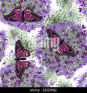 Seamless pattern purple onion flowers with butterflies. Vector illustration Stock Vector