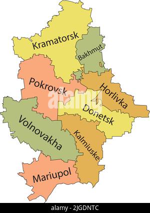 Pastel tagged map of raions of the DONETSK OBLAST, UKRAINE Stock Vector